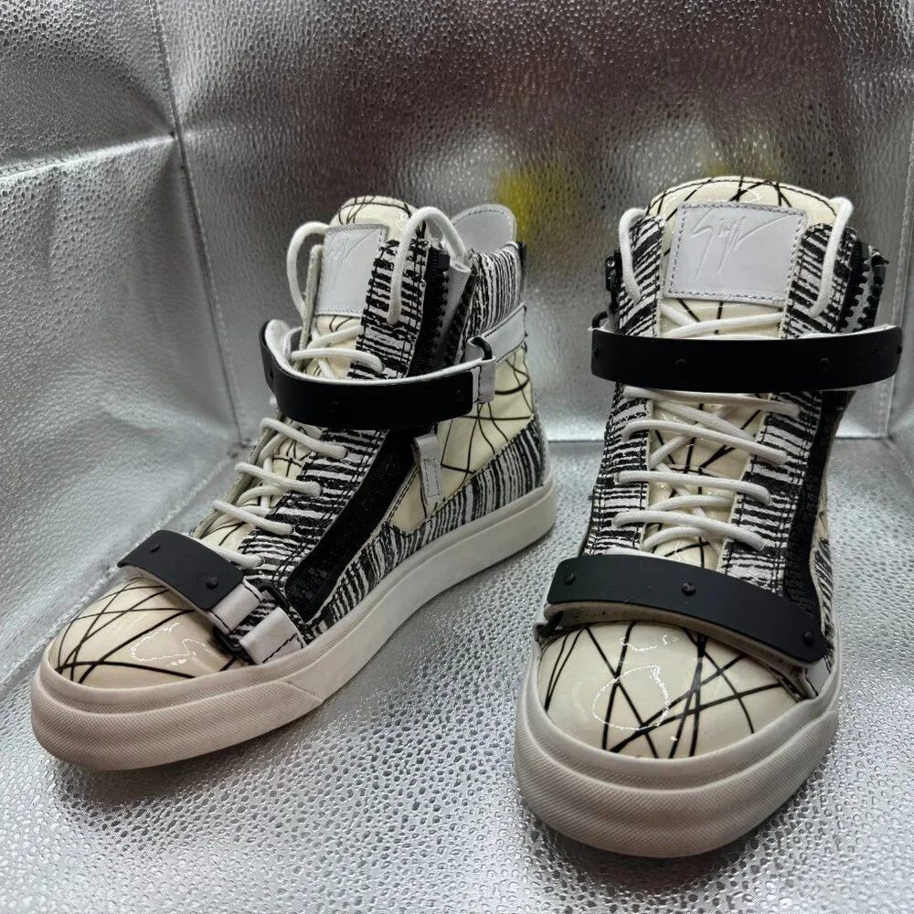 Size EU 36 Giuseppe Zanotti Mens White Black High Top Back Zip Sneakers‎